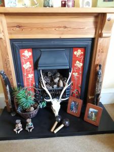 a fireplace with a deer head and antlers in it at Strome Lodge in Inverness