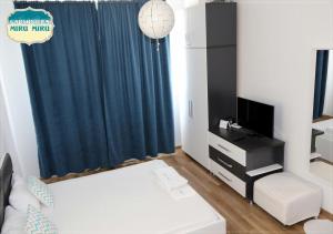 a small room with a bed and a television at Garsoniera Miru Miru in Mamaia Sat/Năvodari