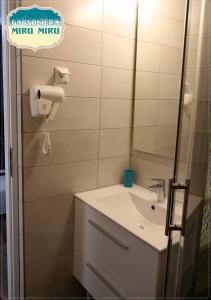a bathroom with a sink and a shower with a mirror at Garsoniera Miru Miru in Mamaia Sat/Năvodari