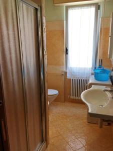 ein Bad mit einer Dusche, einem Waschbecken und einem WC in der Unterkunft Appartamenti Medusa in Alba Adriatica