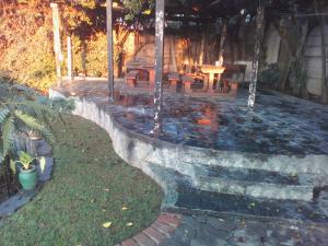un patio trasero con un estanque koi en un patio en Accoustix Backpackers Hostel, en Johannesburgo