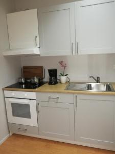 una cocina con armarios blancos y fregadero en RBA RentHouse Apartment 1 en Nedervetil