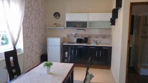 uma cozinha com uma mesa, um lavatório e um frigorífico em 264 lépés Vendégház em Sárvár