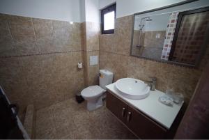 a bathroom with a toilet and a sink and a mirror at Bungalouri La Mare*** Saturn in Mangalia