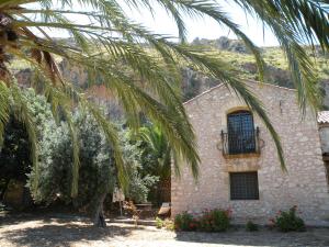 un bâtiment avec un palmier en face dans l'établissement the ancient sicilian house near zingaro reserve Scopello, à Scopello