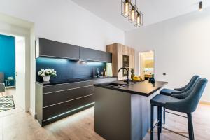 eine Küche mit einer Spüle und einer Arbeitsplatte in der Unterkunft Highrise Oasis Apartment in Budapest