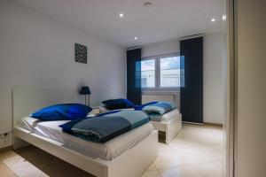 ラールにあるHoger Ferienwohungのベッドルーム1室(青い枕と鏡付きのベッド2台付)