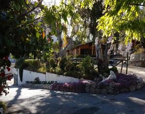 einen Garten mit Blumen und einer Statue in einem Park in der Unterkunft Villaggio Syrenuse Residence in Massa Lubrense