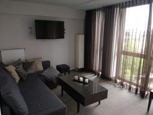 a living room with a couch and a coffee table at Boardinghouse Bielefeld in Bielefeld