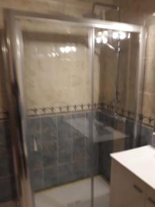 ポンタ・デルガダにあるApartamento do Paimのバスルーム(ガラスドア付きのシャワー付)
