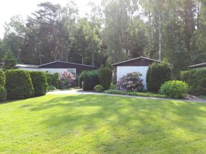 un patio con césped verde con arbustos y flores en Feriensiedlung Rother en Trassenheide