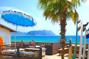 a beach with a palm tree and a blue umbrella at PavilionSurf&Lodge in Shishikui