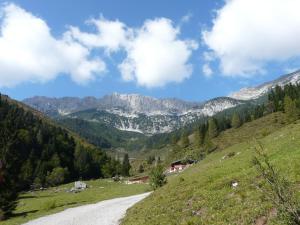 a dirt road on a hill with mountains in the background at Ferienwohnung Huber in Söll