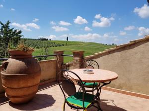eine Terrasse mit einem Tisch, Stühlen und einer Vase in der Unterkunft Agriturismo Bio Le 4 Stagioni in Porrona