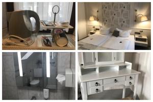 a collage of pictures of a bedroom with a bed and a mirror at Krone Britzingen in Müllheim