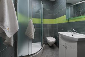 La salle de bains est pourvue d'une douche, de toilettes et d'un lavabo. dans l'établissement Przystań Rozewie, à Jastrzębia Góra