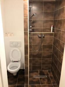 a bathroom with a toilet and a shower at Hostel Sleeping Beauty in Ljubljana