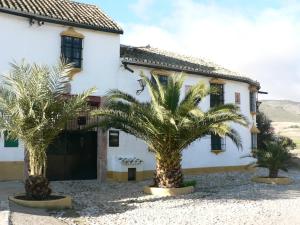a house with two palm trees in front of it at Cortijo la Colá in Cañete la Real