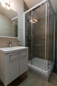 a bathroom with a glass shower and a sink at Prenoćište HRAST in Paraćin