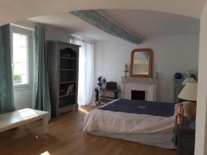 a bedroom with a bed and a fireplace and a mirror at " Le cottage " in Mouans-Sartoux