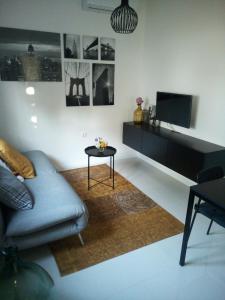 salon z niebieską kanapą i telewizorem w obiekcie Apartments Mirela w mieście Novigrad