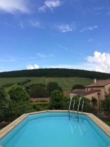 a blue swimming pool with a view of a field at Les Portails Bleus in Azé +33 photos