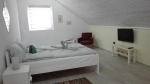 ein weißes Schlafzimmer mit einem Bett und einem Fernseher in der Unterkunft Apartment Dixy in Belgrad