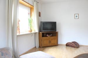 a living room with a television and a window at Ferienwohnung Antes in Heppenheim an der Bergstrasse