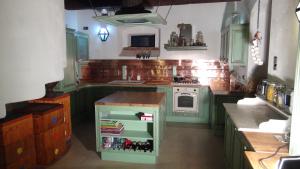 a kitchen with green cabinets and a counter with a sink at 14 Century Water Mill in Mořina