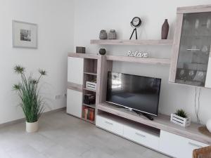 ein Wohnzimmer mit einem TV auf einem hölzernen Entertainment-Center in der Unterkunft Ferienwohnung Aufderhaar in Ostbevern