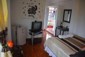 um quarto com uma cama e uma televisão num quarto em Posada Nativa Licy em San Andrés