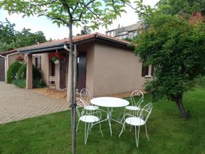 una mesa y sillas en el patio de una casa en Le Clos Gentiane, en Saint-Étienne