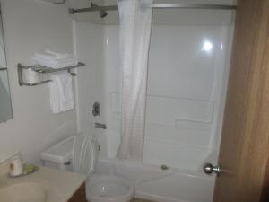 a white bathroom with a toilet and a shower at Super 8 by Wyndham Richmond/Chamberlayne Rd in Richmond