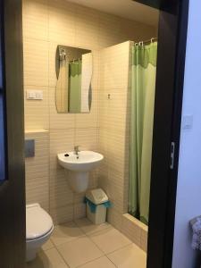 a bathroom with a sink and a toilet and a mirror at Pensjonat nad Stawem in Sarbinowo