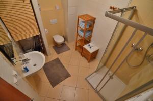 W łazience znajduje się prysznic, toaleta i umywalka. w obiekcie Apartmán KLAUDIA Tále w mieście Tale