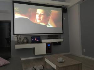 TV de pantalla plana colgada en la pared de la sala de estar. en Gutenberg Apartments en Szeged