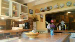 a kitchen with a counter with a vase of flowers at Maison La Luzienne - Lou Astiou in Luz-Saint-Sauveur