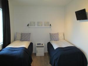 um quarto com duas camas e uma televisão na parede em Lækjaborgir Guesthouse em Kálfafell