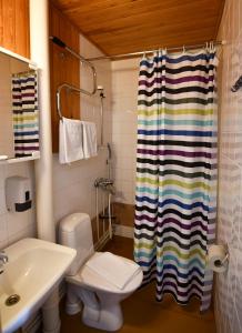 a bathroom with a toilet and a shower curtain at Kilpisjärven Retkeilykeskus Rooms in Kilpisjärvi