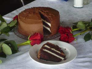 um pedaço de bolo de chocolate numa mesa com um prato em Red Top Motor Inn em Iron Bridge