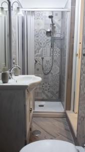 uma casa de banho com um chuveiro, um WC e um lavatório. em Il Vicoletto em Santa Marinella