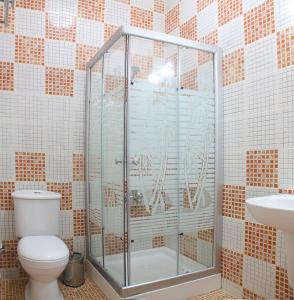 een badkamer met een douche, een toilet en een wastafel bij Golden Rose Hotel in Aqaba