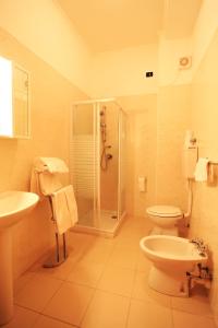 a bathroom with a shower and a toilet and a sink at Hotel Torrismondi in Cuneo