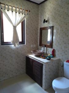 a bathroom with a sink and a mirror and a toilet at Apa Kabar Villas in Amed