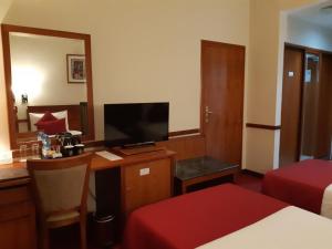 ein Hotelzimmer mit einem Bett und einem Schreibtisch mit einem TV in der Unterkunft Lotus Grand Hotel in Dubai