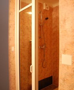 La salle de bains est pourvue d'une douche et d'une porte en verre. dans l'établissement Euro Hotel, à Timişoara