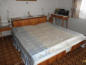 una camera da letto con un letto grande con testiera in legno di Pension U Kaktusu a Karlovy Vary
