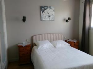 ein Schlafzimmer mit einem weißen Bett und zwei Nachttischen in der Unterkunft La Tribu de Beauval 6ch grand terrain et parking privé in Saint-Aignan