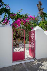 a red door with pink flowers on a white wall at Margo Antiparos in Antiparos