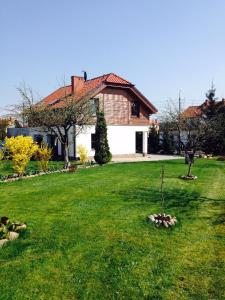 dom z ogródkiem z drzewem w trawie w obiekcie Pokoje Kasztanowa w mieście Wilkasy